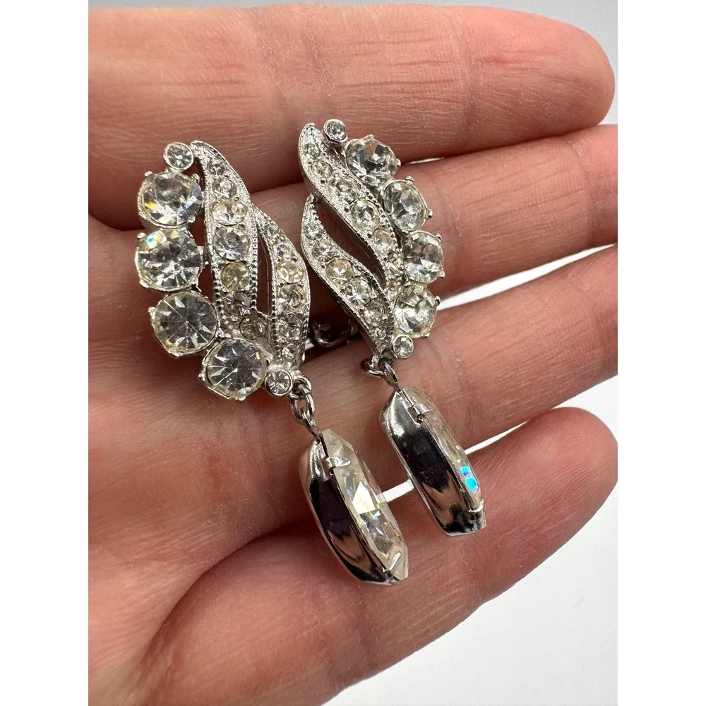Eisenberg Ice Vintage Rhinestone Clip On Earrings Silver Tone Dangle 2